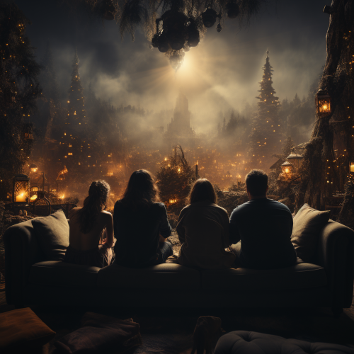 Four People Looking at Christmas Tree in Dark Room